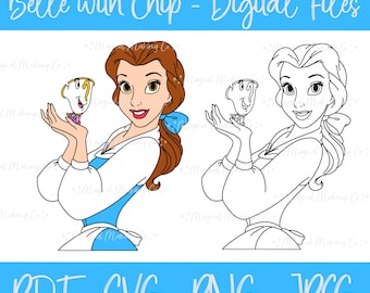 Belle with Chip (Beauty and the Beast) Digital Files - SVG/PDF/PNG/Jpeg - Princess Coloring Pages