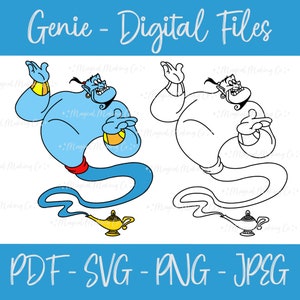 May include: A blue genie with a red sash and a gold lamp, with a black and white outline of the genie and lamp. The text "Genie - Digital Files" is at the top of the image and the text "PDF - SVG - PNG - JPEG" is at the bottom of the image.