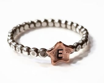 Hand Stamp, Initial, Personalized Ring, Mixed Metal Stack, Silver Stack Ring, Copper Star, Mom Ring, Hammered Bead,Rustic Ring