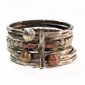 Rustic Stack Ring,sterling,Stack Ring Set, Copper Cross, 7 Stack ring,Mixed Metal,BoHo jewelry,boho cross
