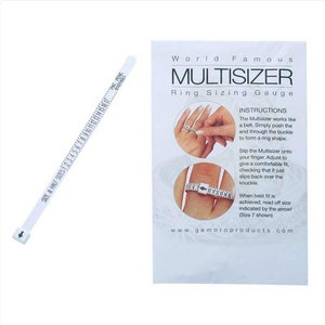 May include: White plastic ring sizer with a white arrow and the text "SIZE & HALF SIZES 12345678901234567" printed on it. The sizer is a flexible tape measure that can be wrapped around a finger to determine ring size. The image also includes instructions for using the sizer.