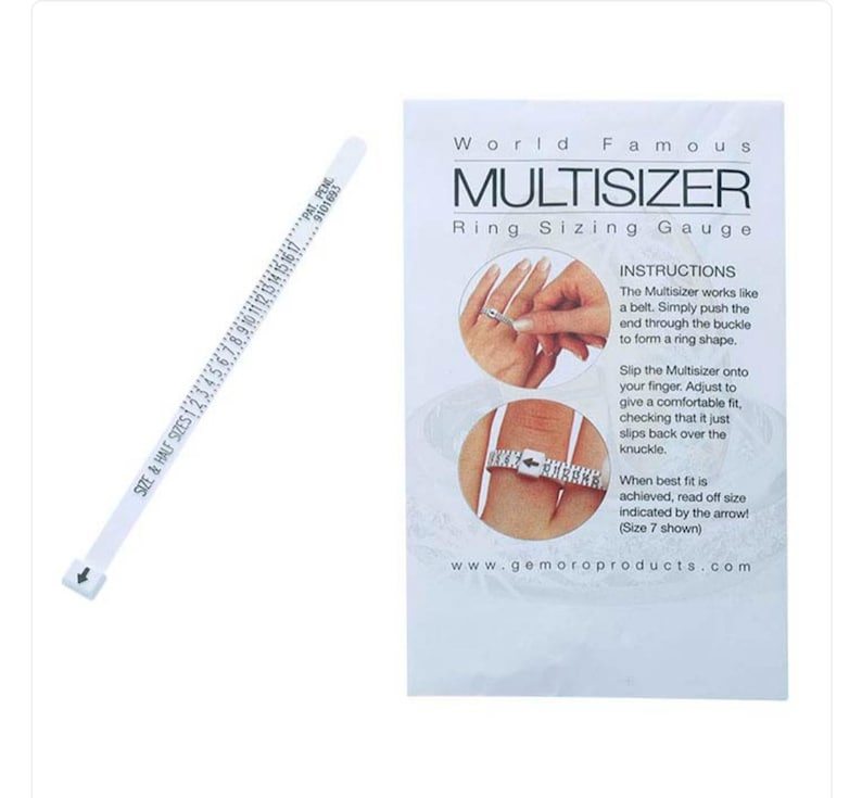 May include: White plastic ring sizer with a white arrow and the text "SIZE & HALF SIZES 12345678901234567" printed on it. The sizer is a flexible tape measure that can be wrapped around a finger to determine ring size. The image also includes instructions for using the sizer.
