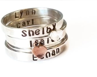 BOTH SIDES STAMPED! Personalized Stack,name ring,copper Heart,Stack Ring,Mother Ring,Hand stamped Ring,mom Ring,valentines gift,gift for her