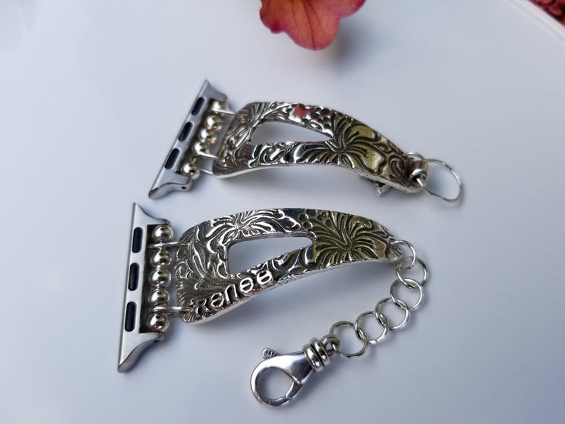 Sterling silver watch strap, Apple Watch band, Sterling Apple Watch Band,silver watch strap, silver watch band,handmade watch band,hibiscus image 4