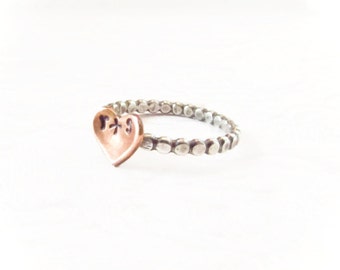 Rustikaler Ring,Boho Ring,Boho Schmuck,Sterling Silber,Stapelring,Kupfer Herz,personalisiert,Mixed Metal,Valentinstag Geschenk,Geschenk für Sie