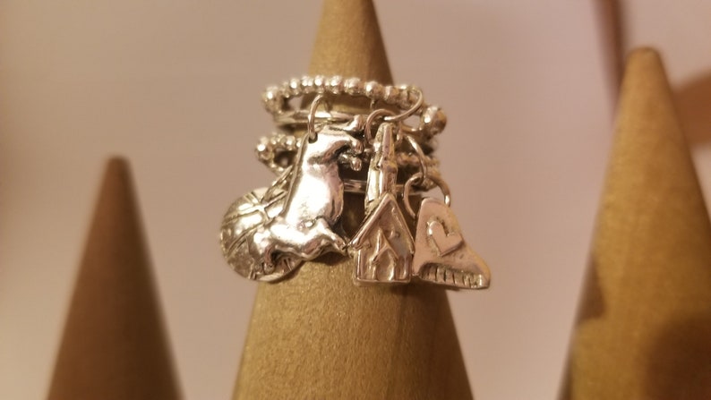 Charm ring,charms,mom ring,stack ring,personalized ring,dangle charm ring,birthstone ring,fingerprint charm,Christmas,Mother/'s Day 4 band