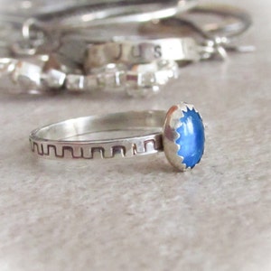 Blue Apatite Ring Hand, stack ring, 2mm Hand Stamped band, 5x7 neon blue apatite, oxidized ring image 4