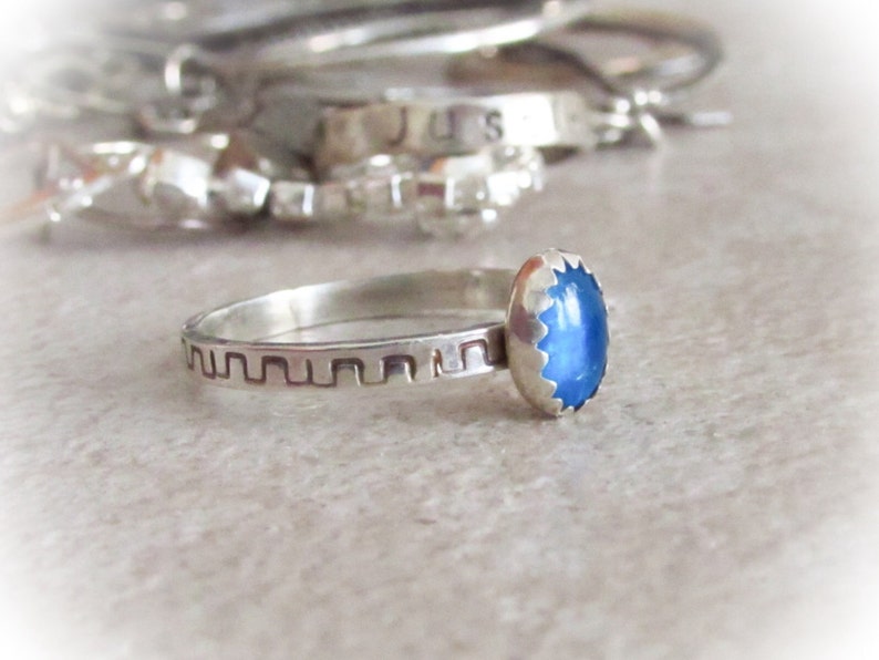 Blue Apatite Ring Hand, stack ring, 2mm Hand Stamped band, 5x7 neon blue apatite, oxidized ring image 4