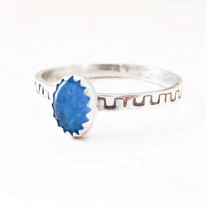 Blue Apatite Ring Hand, stack ring, 2mm Hand Stamped band, 5x7 neon blue apatite, oxidized ring image 1