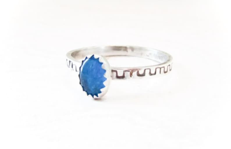 Blue Apatite Ring Hand, stack ring, 2mm Hand Stamped band, 5x7 neon blue apatite, oxidized ring image 1