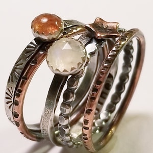 SUNstone ring MOONstone ring, Copper STAR, Mixed Metal Stack Ring, Rustic Ring, Hand stamp, Initial, Personalized Mom Ring, June Birthstone
