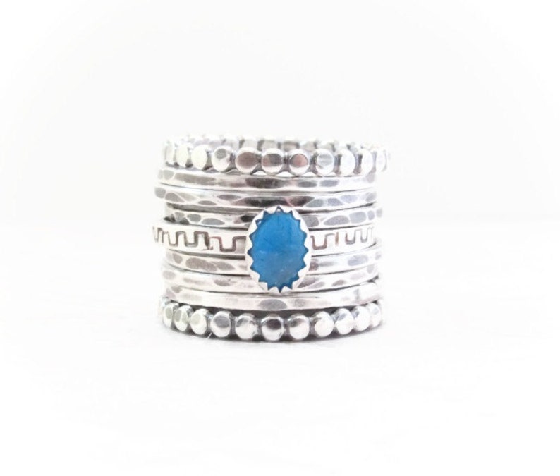 Blue Apatite Ring Hand, stack ring, 2mm Hand Stamped band, 5x7 neon blue apatite, oxidized ring image 2