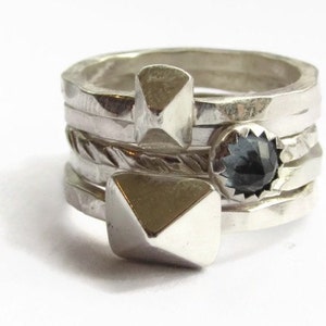 Stud stack ring,stud ring, spinel stack ring, hammered square band,rock and roll ring,rocker ring,size 6,birthstone ring,ready ship, ooak