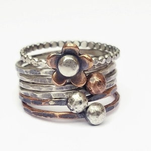 Rustic Stack Ring,sterling,Stack Ring Set, Copper Flower, initial Ring, Mothers Ring, 7 Stackers, Mixed Metal,BoHo jewelry,boho flower
