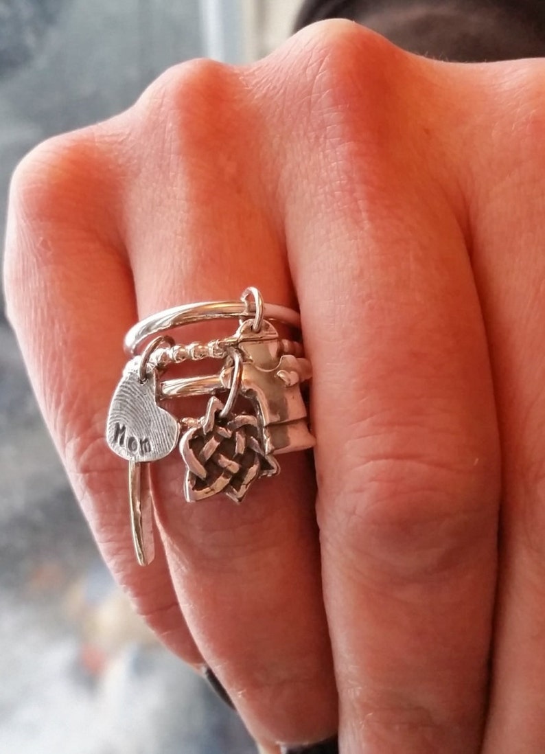Charm ring,charms,mom ring,stack ring,personalized ring,dangle charm ring,birthstone ring,fingerprint charm,Christmas,Mother/'s Day 4 band