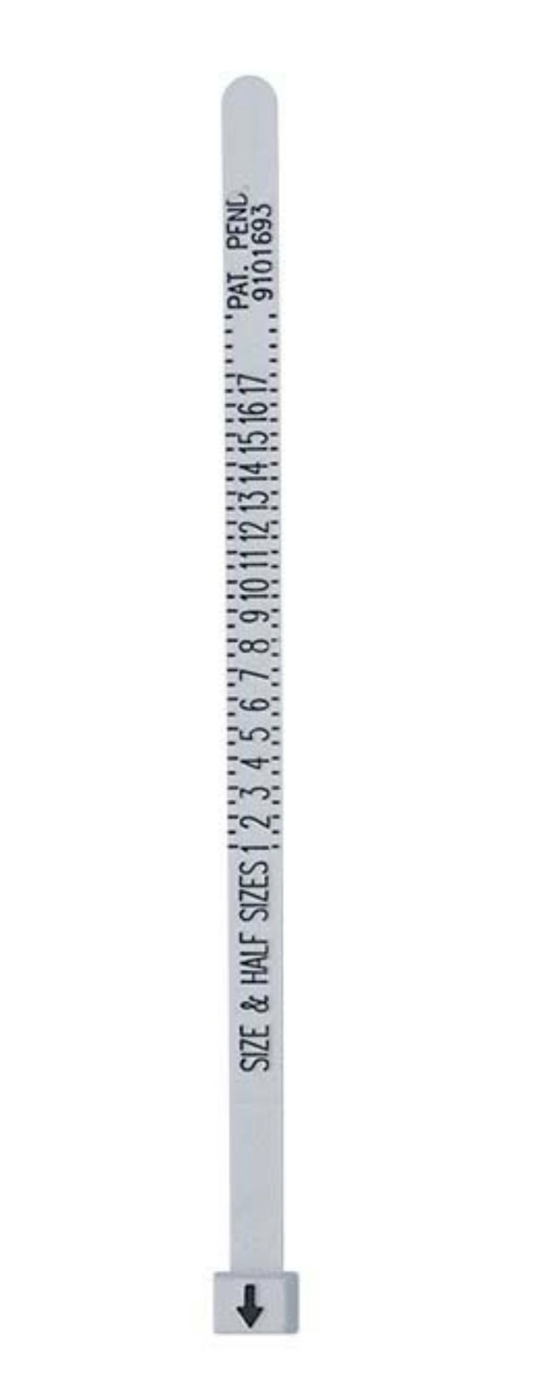 May include: White plastic ring sizer with black markings for sizes 1 through 17, with half sizes included. The sizer has the text "SIZE & HALF SIZES 1 2 3 4 5 6 7 8 9 10 11 12 13 14 15 16 17" printed on it. The sizer also has the text "PAT. PEND 9101693" printed on it.