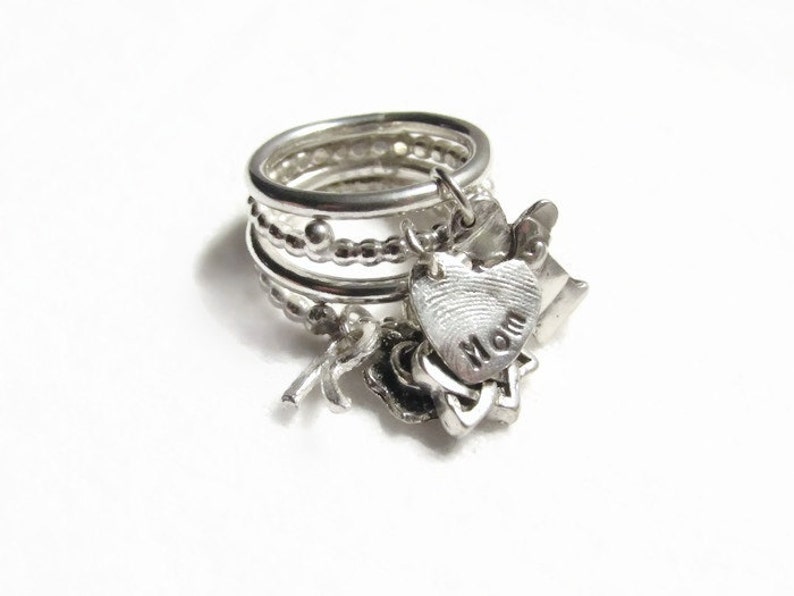 Charm ring,charms,mom ring,stack ring,personalized ring,dangle charm ring,birthstone ring,fingerprint charm,Christmas,Mother/'s Day 4 band