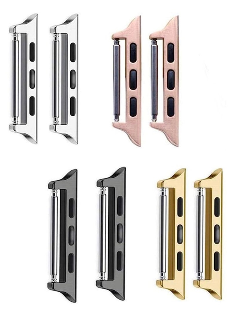 May include: Set of six watch band adapters in silver, rose gold, black, and gold. Each adapter has a silver metal bar and four black plastic tabs.