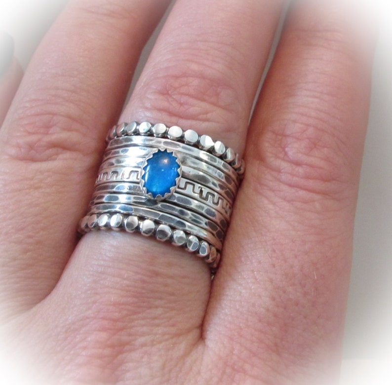 Blue Apatite Ring Hand, stack ring, 2mm Hand Stamped band, 5x7 neon blue apatite, oxidized ring image 5