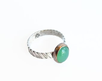 Green CHRYSOPRASE OVAL, Mixed Metal Stack Ring, Rustic stack Ring, Hammered Ring, Silver and Copper Stack Ring, Statement Ring,boho Ring