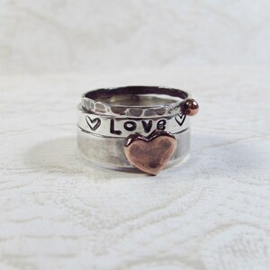 Mixed Metal Stack Ring,Name Ring,Personalized Ring,Copper Heart ring,Rustic,Vintage Look,mom ring,handstamped ring,Valentines gift