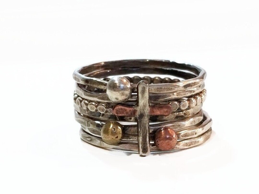 stack ring - etsy Images High Quality Grahic Rustic Stack Ring,sterling,stack Ring Set, Copper Cross, 7 Stack Ring ...