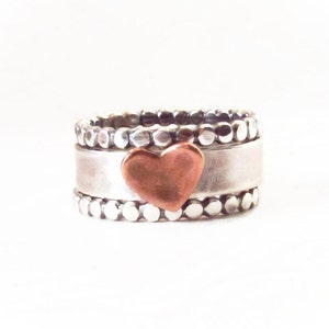Mixed Metal Stack Ring Set,Name Ring,Personalized Ring,Copper Heart ring,Stack Ring Set,Oxidized,Rustic,gift for her,Valentine’s Day gift