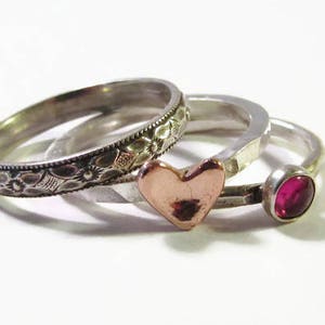 Stack Ring Set,copper Heart,Stack Ring,Mother Ring,Birthstone Ring,Floral band,boho ring,mom Ring,Valentines gift,gift for her