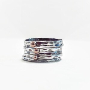 Rustic Sterling silver stackers set of 6 hammered wire oxidized copper balls, mixed metal