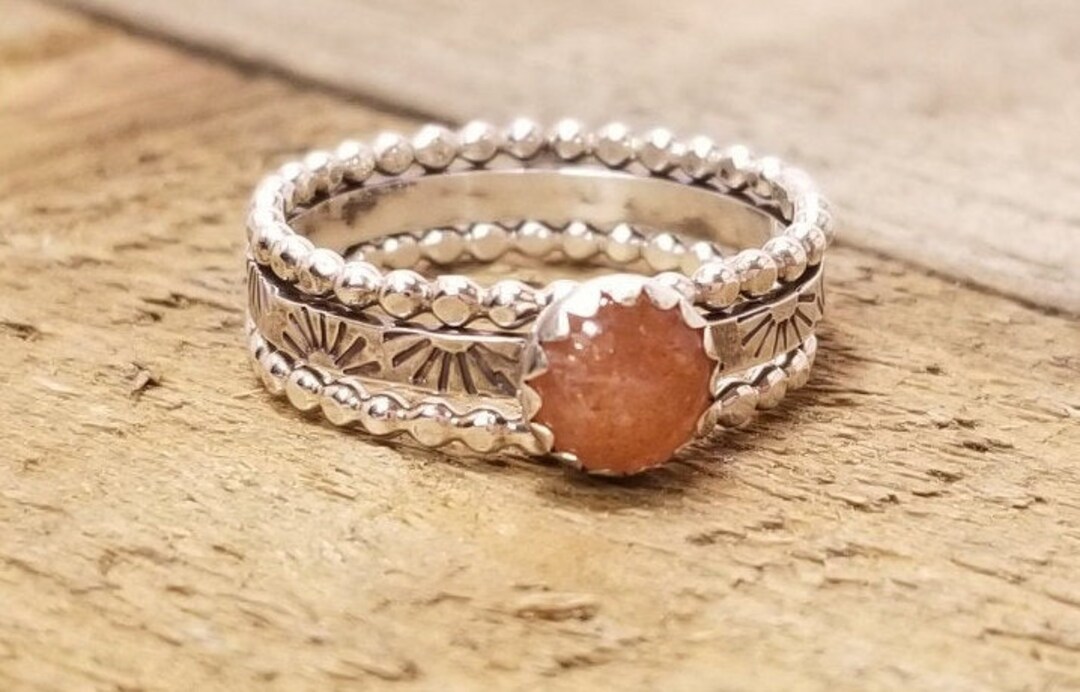 6mm Sunstone Sterling Silver Stack Ring, Hand Stamped Sunburst Band ...