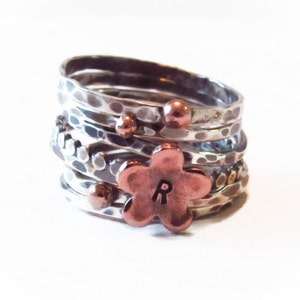 Graduation Gift for her,Rustic Stack Ring Set,Oxidized Ring,Copper Flower,Initial Ring,Personalized Ring,Hand Stamped Ring,Mixed Metal Ring