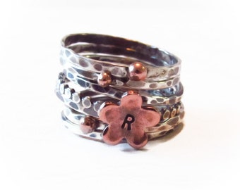 Graduation Gift for her,Rustic Stack Ring Set,Oxidized Ring,Copper Flower,Initial Ring,Personalized Ring,Hand Stamped Ring,Mixed Metal Ring