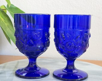 Pair of Cobalt Blue Goblets – Raised Rose Pattern, Madonna Inn Style