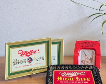 Metalowa taca reklamowa piwa Miller High Life z lat 50., zestaw 4 sztuk