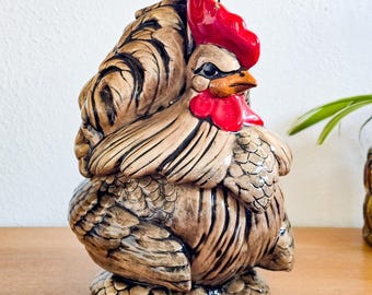 Barattolo per biscotti vintage a forma di gallo, in ceramica dipinta a mano, decorazione per cucina in stile rustico.