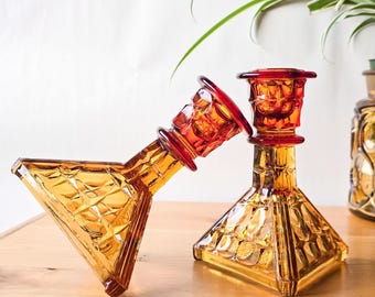 Pair of Tiara Indiana Glass Constellation Sunset Amberina Candle Holders