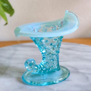 Vintage Fenton Blue Opalescent Hobnail Cornucopia Mini Taper Candle Holder