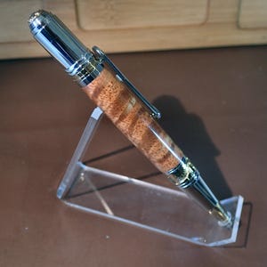 Curly Koa Pen Art Deco Style David Broadwell Design Gold Titanium & Chrome Plated, Tiger Striped Curly Koa, Rosewood and Maple Pen Box/Stand