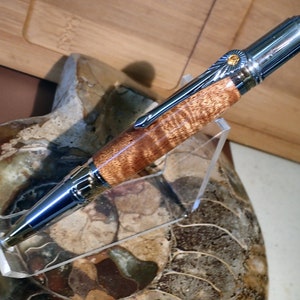 Curly Koa Pen Art Deco Style, David Broadwell Design, Gold Titanium & Chrome Plated, Exhibition Grade Curly Koa, Rosewood and Maple Pen Box