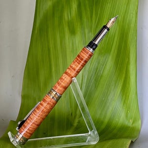 Curly Koa Fountain Pen: Celtic Titanium Gold & Chrome Pen with Silk Lined Box