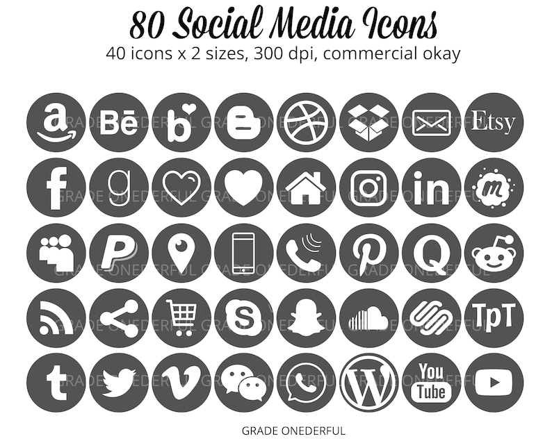 Dark Gray Social Media Icons Blog Buttons Website Buttons Etsy