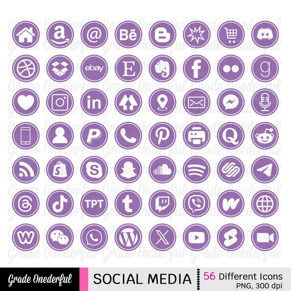 Purple Social Media Icon Set, Social Media Graphics, Email Signature Icon, Business Card Icon, Social Icons, Website Icons, Clipart Icons