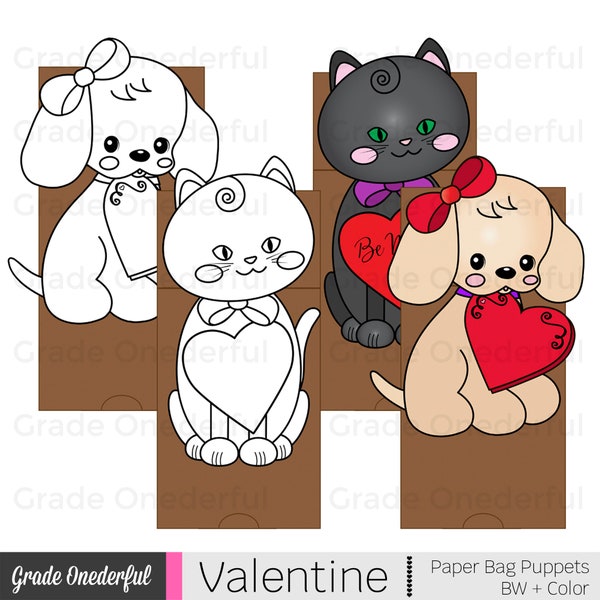 Valentine Paper Bag Puppet Template, Puppy and Cat Heart Puppet, Printable Craft for Kids