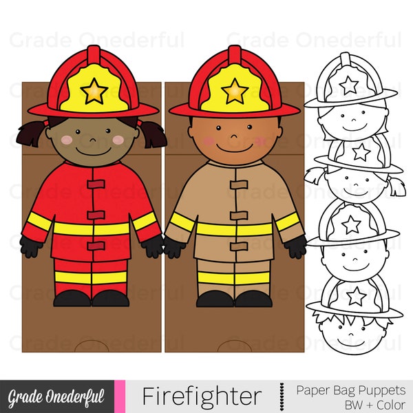 Firefighter Paper Bag Puppets, 2 Boys 2 Girls, Color + Black White, Ax, Fire Extinguisher, Fire Safety Craft Project