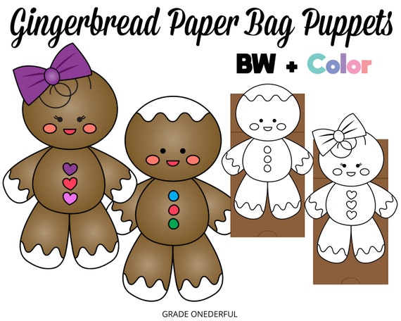 Gingerbread Boy and Girl Paper Bag Puppet Templates for