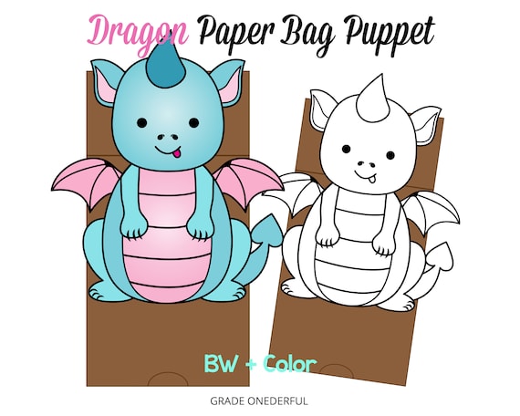 Cute Dragon Paper Bag Puppet Template Craft Activity for Kids