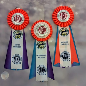 May include: Three red, white, and blue ribbons with the American Kennel Club logo and the text "AKC Trick Dog" with the levels "Novice", "Intermediate", and "Advanced".