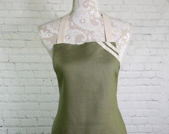 Green Olive Linen Adult Full Apron