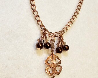 Copper Shamrock Pendant on 18 Inch Copper Chain, Copper Earrings, Copper Clover Necklace Set, Matching Earrings, Copper Four Leaf Clover