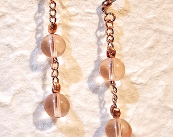 Pale Pink Czech Glass and Copper Dangling Earrings, Copper Drop Earrings with Pale Pink Czech Glass Beads